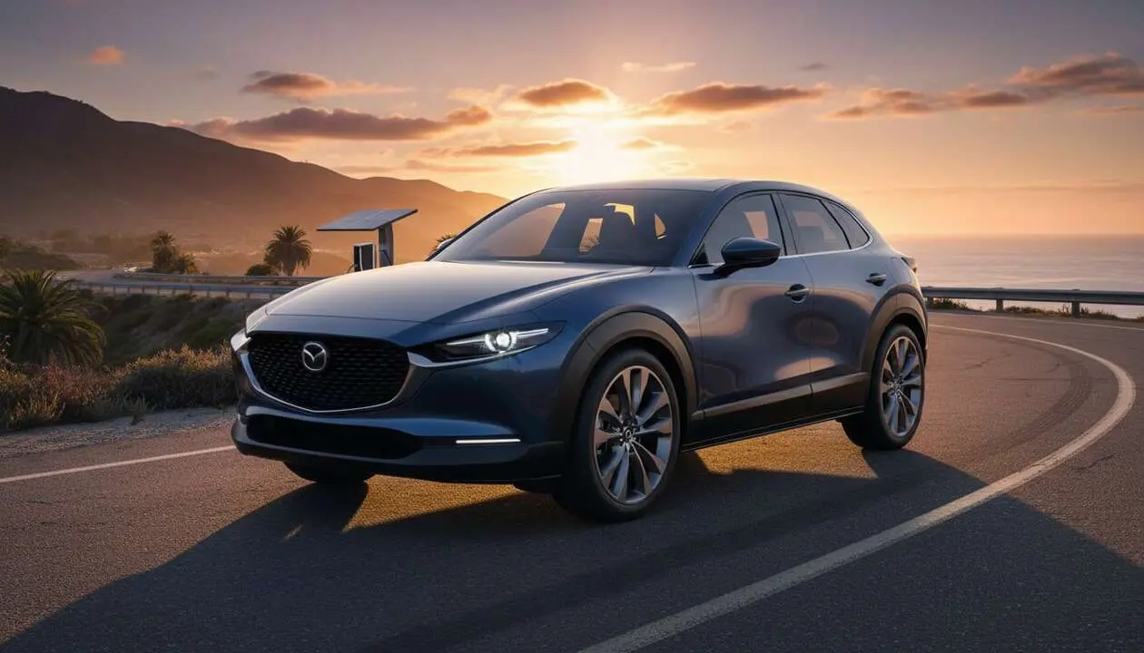  Mazda CX-30 2026 visto desde el frente en carretera est&aacute;tica mostrando su dise&ntilde;o moderno y deportivo elegante &mdash; Imagen generada por IA 