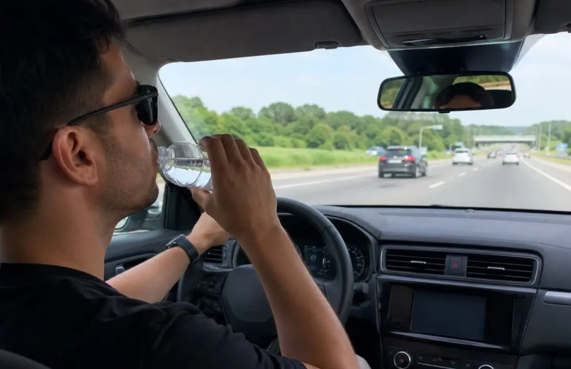 Un conductor bebiendo agua mientras conduce
