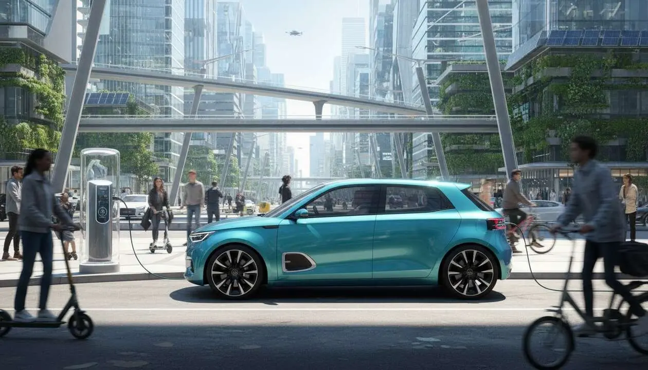  Renault 5 el&eacute;ctrico 2026 en ciudad moderna mostrando la movilidad sostenible urbana y tecnolog&iacute;a innovadora &mdash; Imagen generada por IA 