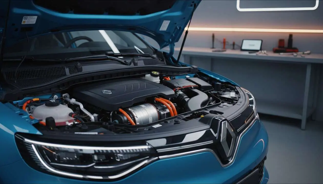  Detalle del cap&oacute; del Renault 5 el&eacute;ctrico mostrando sus innovaciones y dise&ntilde;o moderno de veh&iacute;culo sostenible &mdash; Imagen generada por IA 