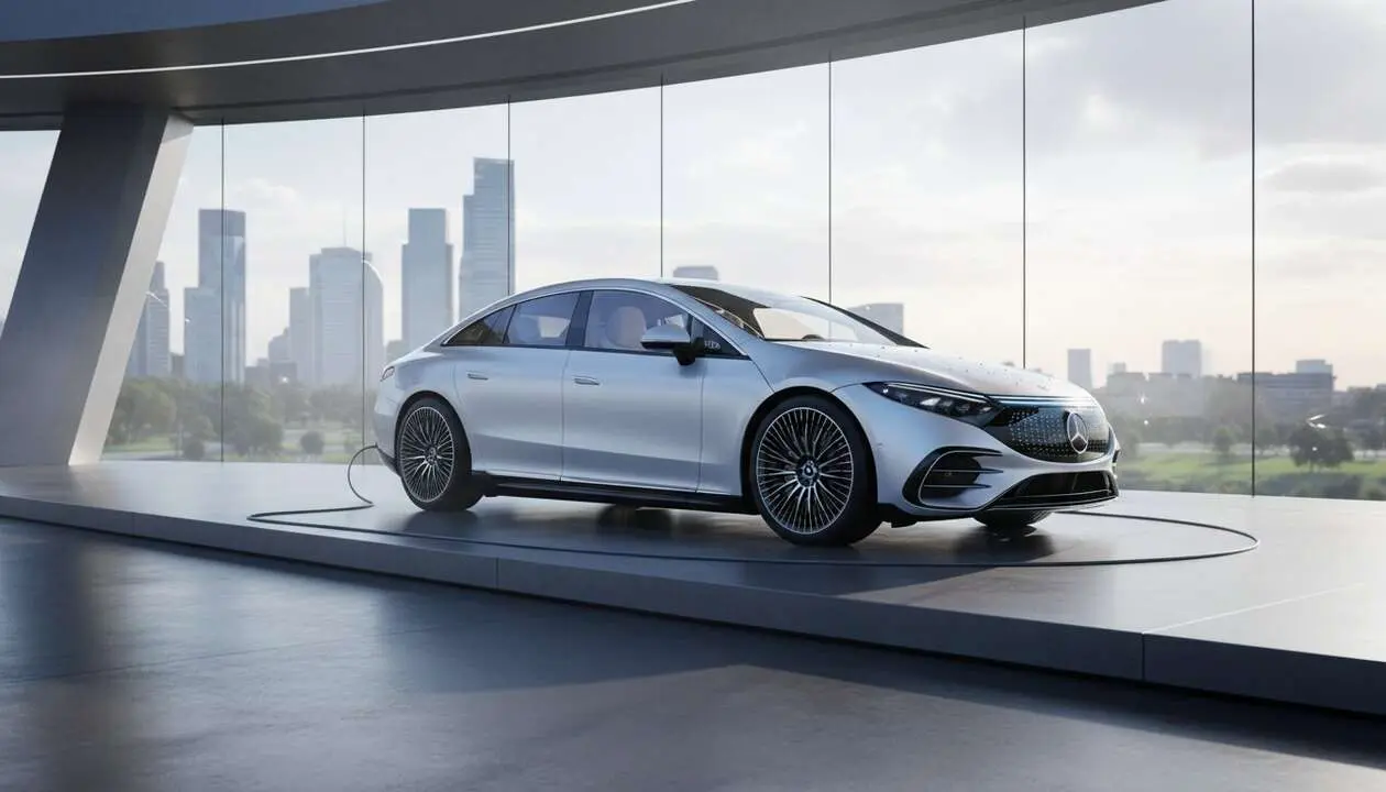  Mercedes-Benz EQS en carretera mostrando su dise&ntilde;o el&eacute;ctrico y m&aacute;xima autonom&iacute;a para viajes largos y sostenibles &mdash; Imagen generada por IA 