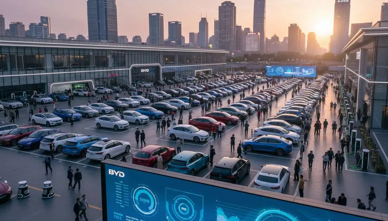  Veh&iacute;culo el&eacute;ctrico BYD en China mostrando tecnolog&iacute;a avanzada y liderazgo en el mercado automotriz sostenible &mdash; Imagen generada por IA 