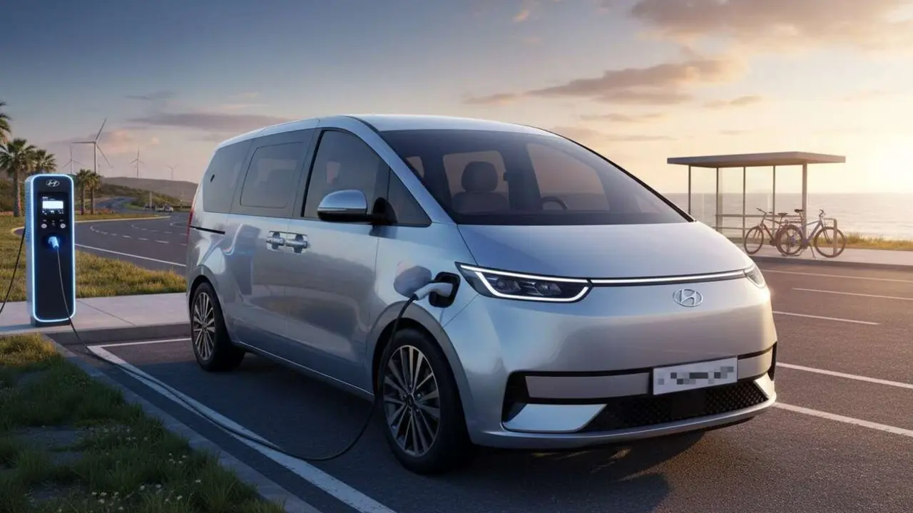  Hyundai Staria el&eacute;ctrico en carretera mostrando su moderno dise&ntilde;o y 400 km de autonom&iacute;a real para viajes largos &mdash; Imagen generada por IA 