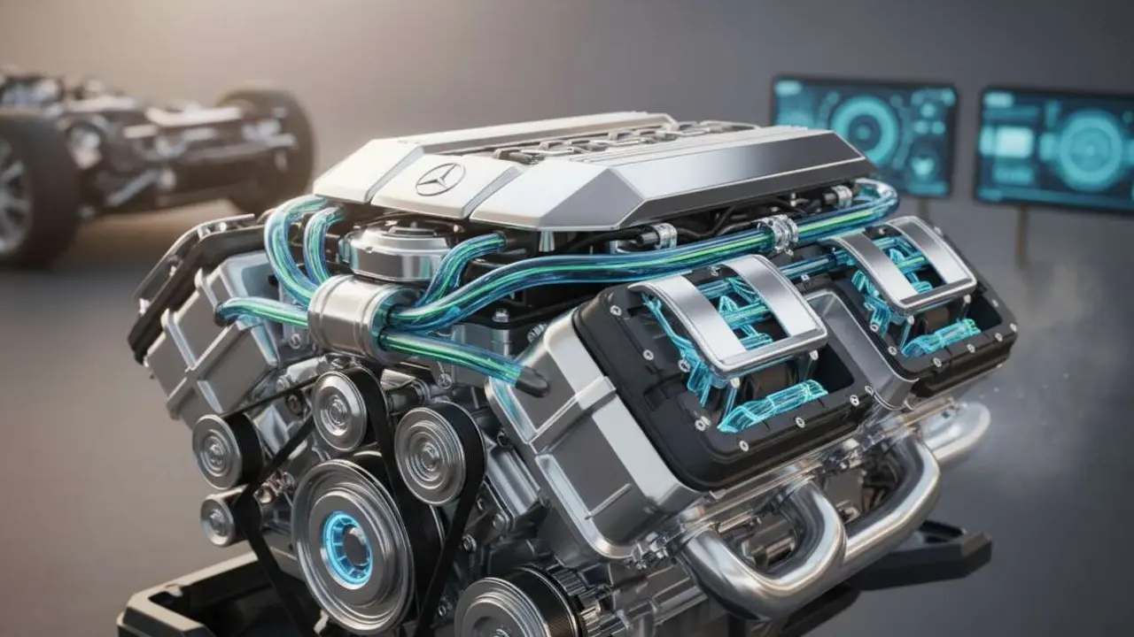  Motor V8 ECO de Mercedes revolucionario con tecnolog&iacute;a avanzada para potencia sostenible y eficiencia energ&eacute;tica &mdash; Imagen generada por IA 
