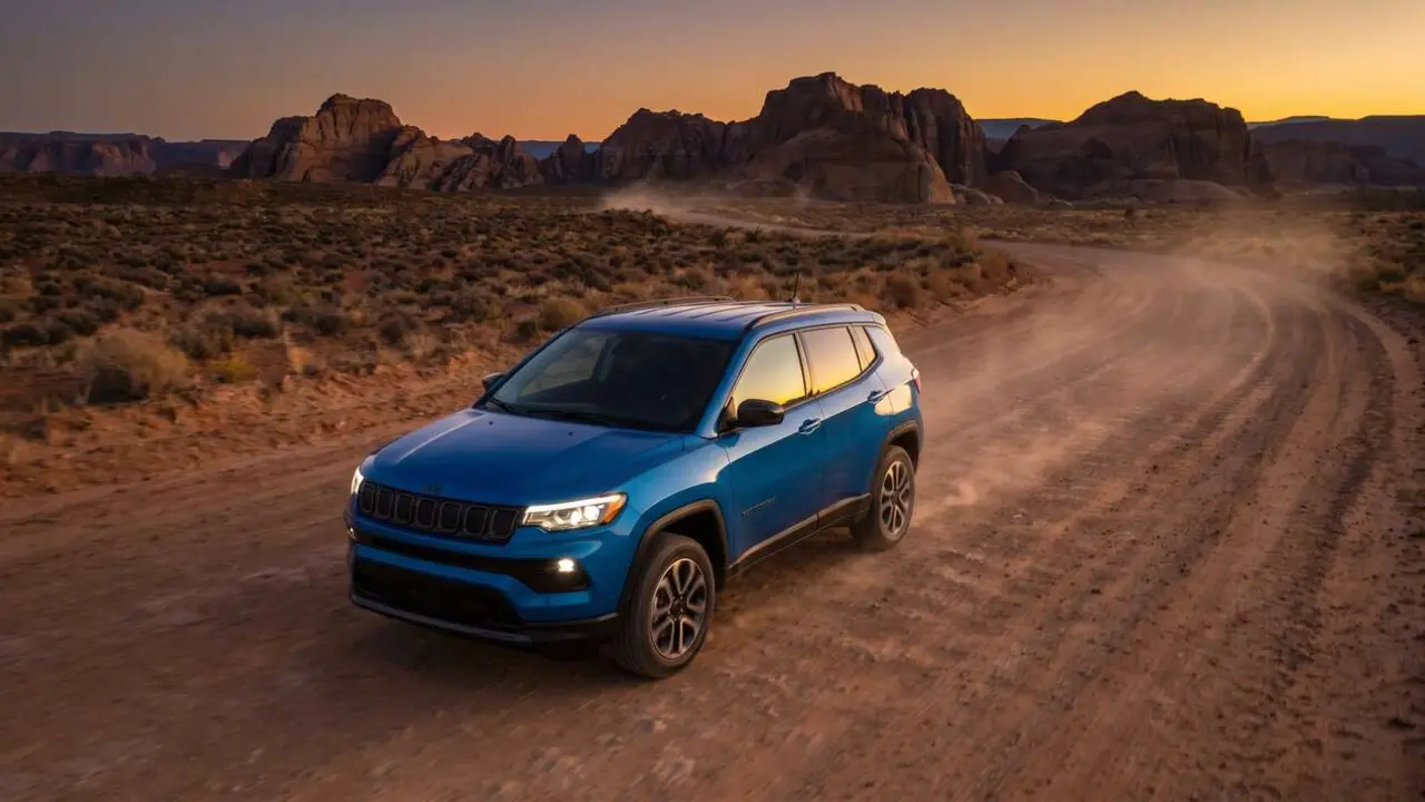  Jeep Compass el&eacute;ctrico 2026 en color rojo mostrando dise&ntilde;o moderno y tecnolog&iacute;a avanzada en SUV revolucionario &mdash; Imagen generada por IA 