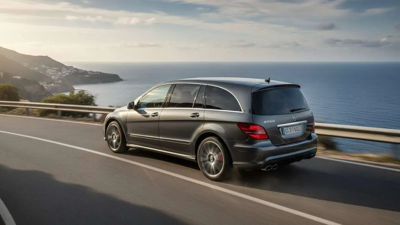  Mercedes Clase R 63 AMG en color rojo brillante mostrando su dise&ntilde;o deportivo exclusivo y potente monovolumen AMG &mdash; Imagen generada por IA 