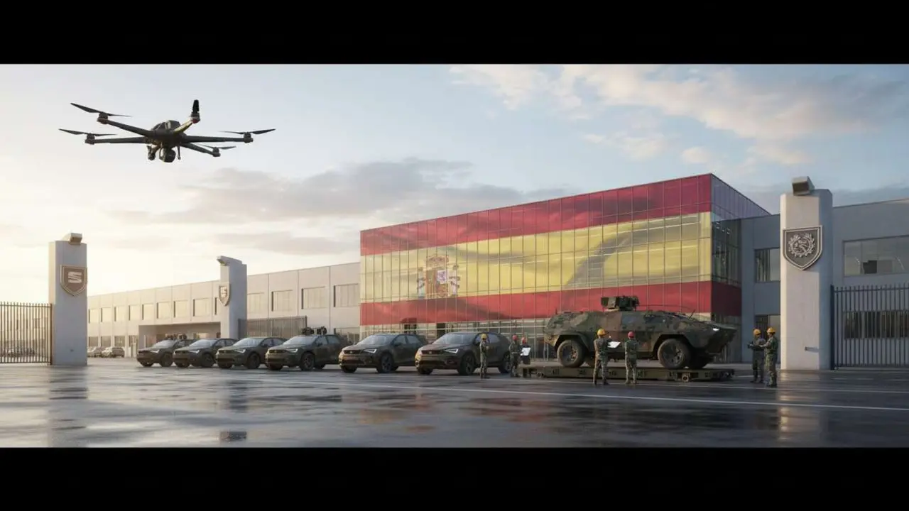  Planta de SEAT contribuyendo a la defensa nacional espa&ntilde;ola con innovaci&oacute;n y producci&oacute;n estrat&eacute;gica &mdash; Imagen generada por IA 