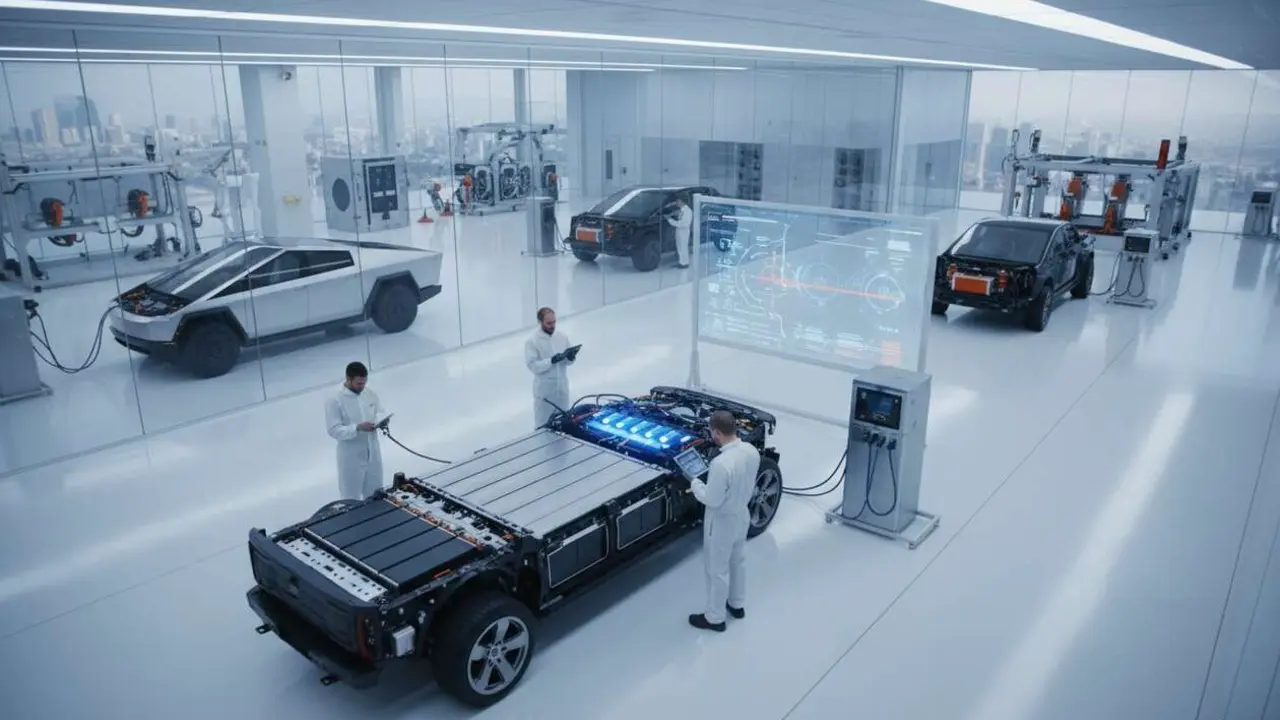  Comparativa de bater&iacute;as el&eacute;ctricas entre Ford y Tesla en la innovaci&oacute;n automotriz actual &mdash; Imagen generada por IA 