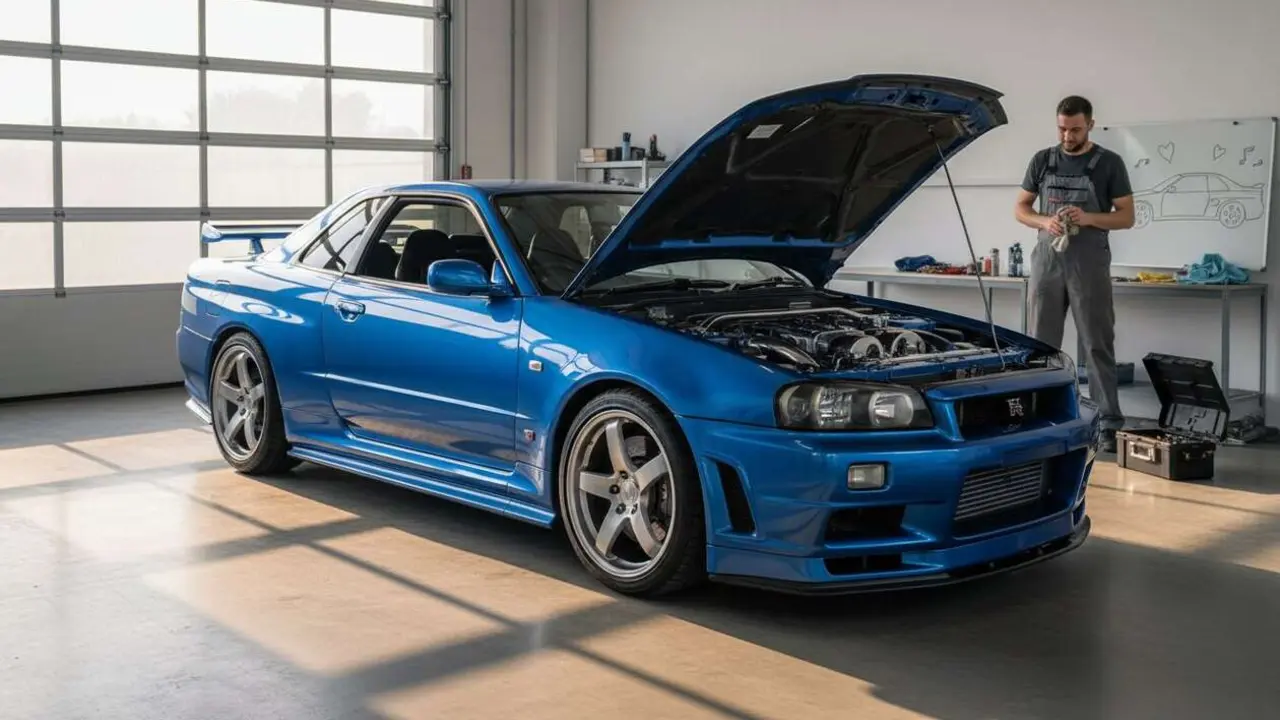  Nissan Skyline R34 restaurado por solo 1.000 d&oacute;lares con t&eacute;cnicas econ&oacute;micas y resultados sorprendentes &mdash; Imagen generada por IA 