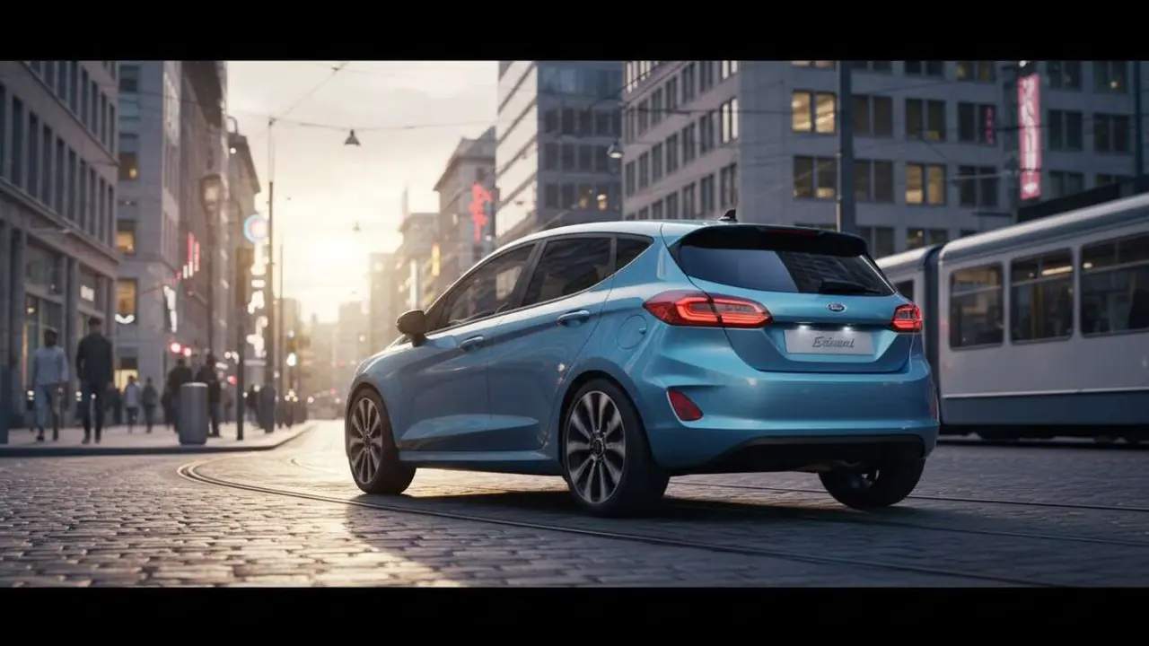  Ford Fiesta el&eacute;ctrico 2028 en la ciudad con dise&ntilde;o moderno y tecnolog&iacute;a avanzada para movilidad urbana sostenible &mdash; Imagen generada por IA 