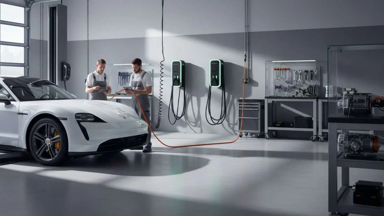  Taller oficial Porsche equipado para el mantenimiento y reparaci&oacute;n de coches el&eacute;ctricos con tecnolog&iacute;a avanzada &mdash; Imagen generada por IA 