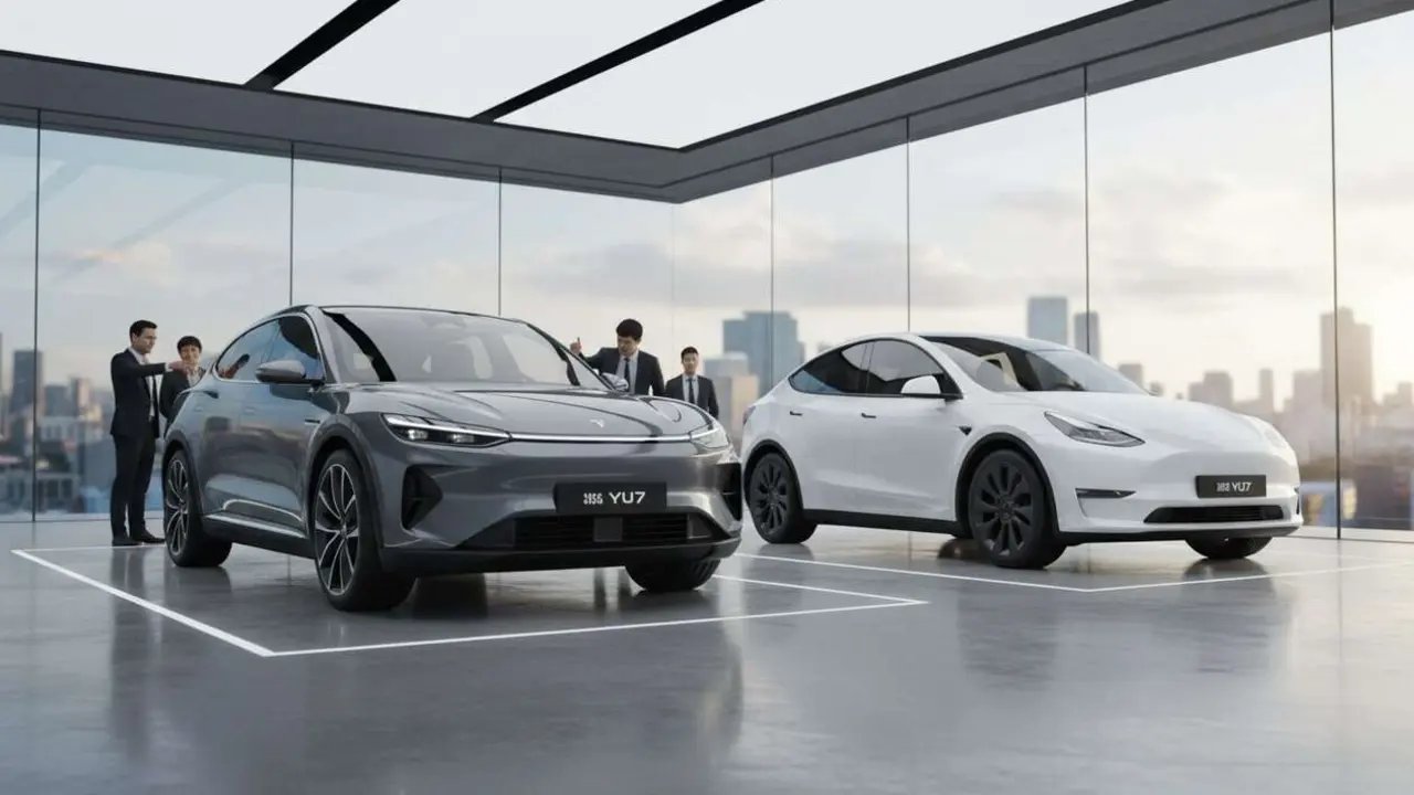  Xiaomi YU7 compitiendo con Tesla Model Y en dise&ntilde;o, tecnolog&iacute;a y rendimiento innovador del mercado actual &mdash; Imagen generada por IA 