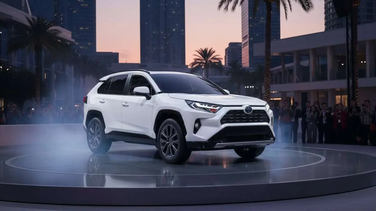  Nuevo Toyota RAV4 2026 en color rojo recorriendo una carretera de monta&ntilde;a, el SUV l&iacute;der del segmento Toyota &mdash; Imagen generada por IA 
