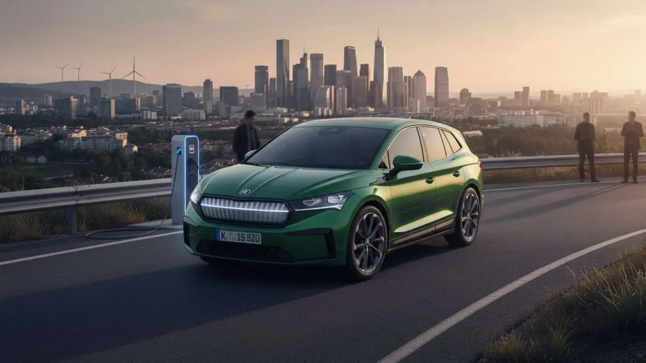  Skoda el&eacute;ctrico asequible en carretera mostrando innovaci&oacute;n y cambio en el sector de la automoci&oacute;n sostenible &mdash; Imagen generada por IA 