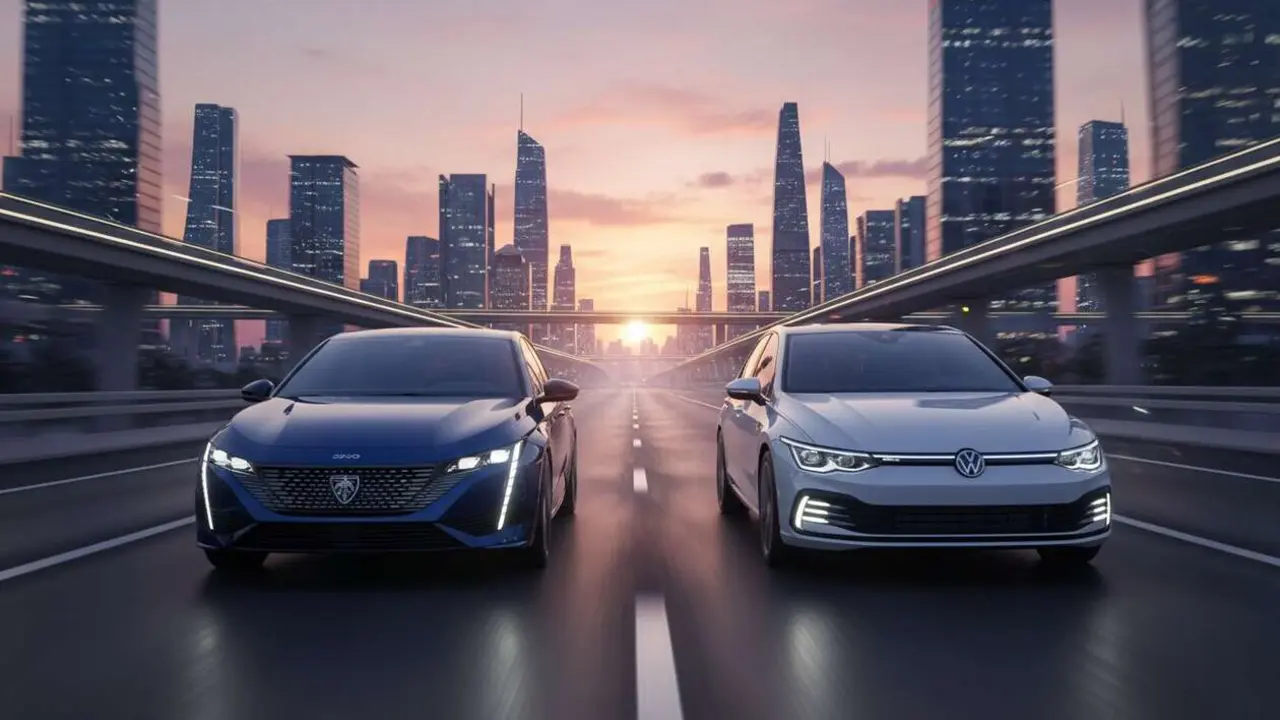  Peugeot 308 frente a Volkswagen Golf h&iacute;brido 2026 comparativa de rendimiento y tecnolog&iacute;a h&iacute;brida &mdash; Imagen generada por IA 