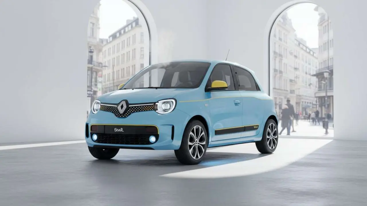  Renault Twingo el&eacute;ctrico 2024 mostrando dise&ntilde;o cl&aacute;sico y moderno en un entorno urbano con tecnolog&iacute;a avanzada &mdash; Imagen generada por IA 