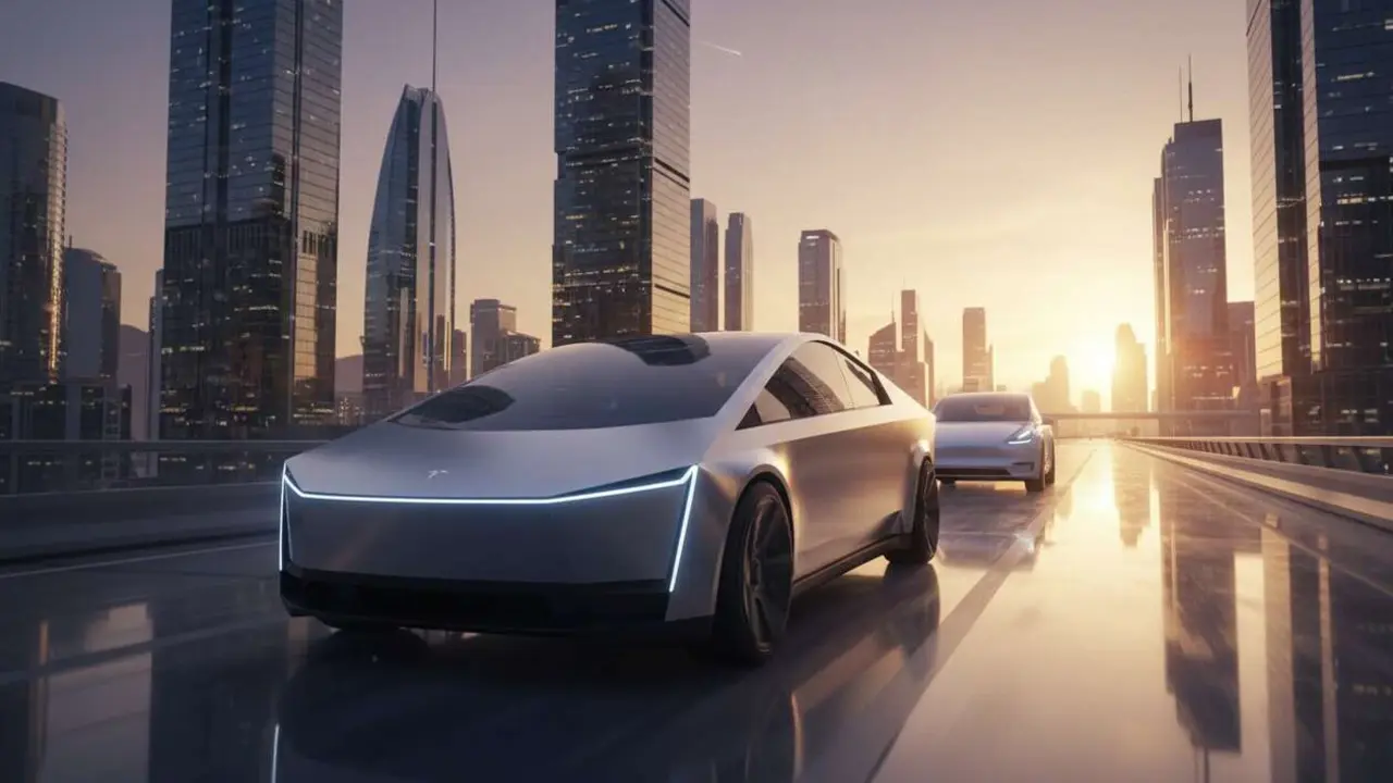  Tesla Cybercab el&eacute;ctrico mostrando su dise&ntilde;o innovador y alta eficiencia superior al Model Y en carretera urbana &mdash; Imagen generada por IA 