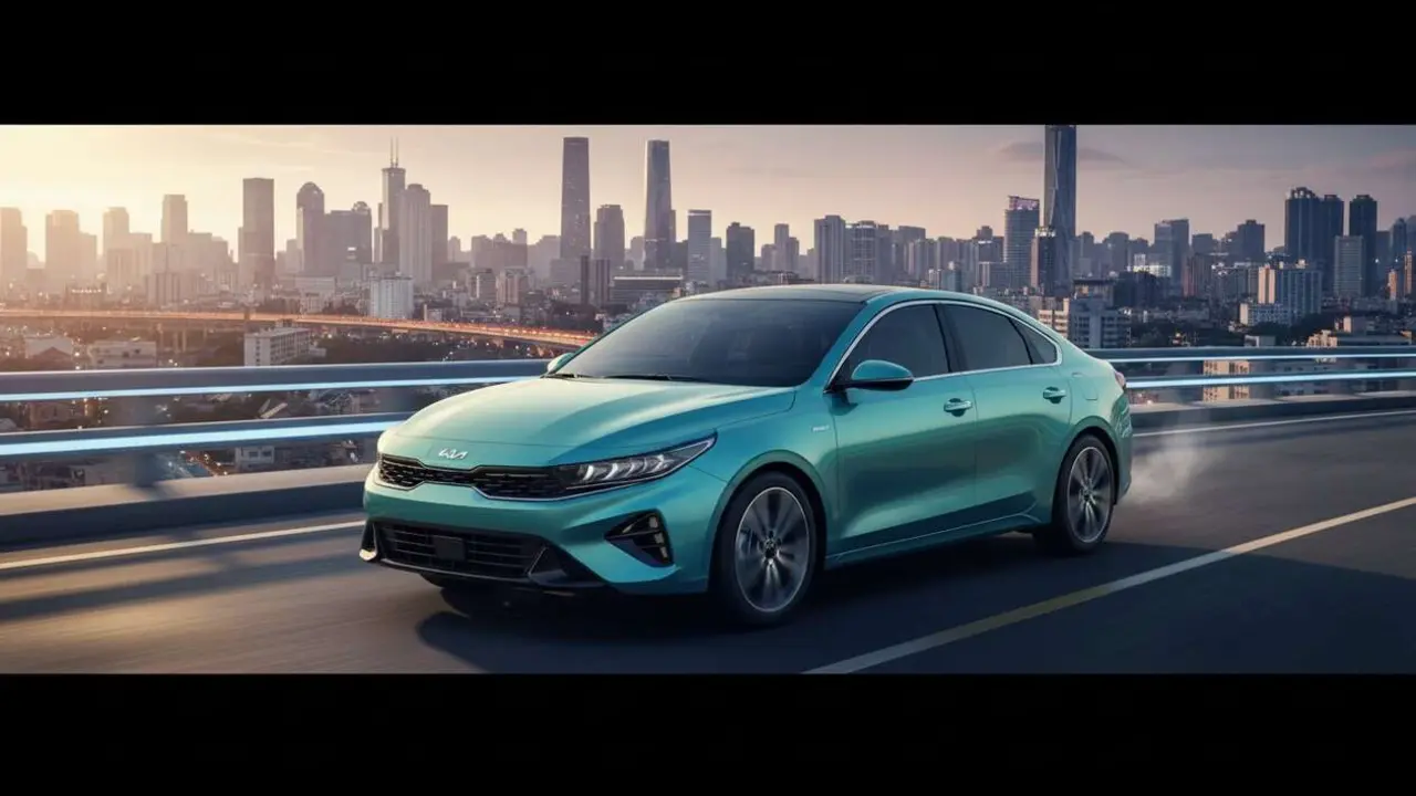 Kia K4 h&iacute;brido compacto coreano mostrando dise&ntilde;o moderno y tecnolog&iacute;a avanzada en carretera urbana &mdash; Imagen generada por IA 