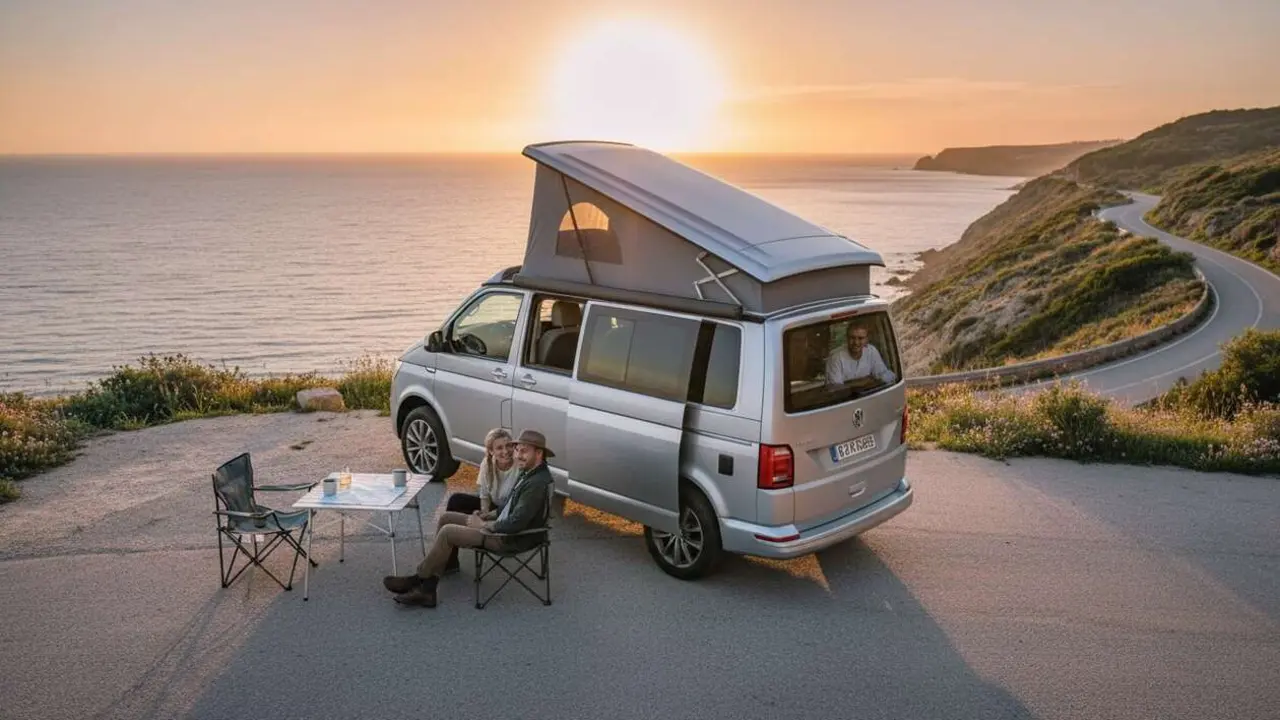 VW T7 Camper de Volkswagen, la furgoneta camper m&aacute;s ingeniosa y vers&aacute;til para aventuras y turismo &mdash; Imagen generada por IA 