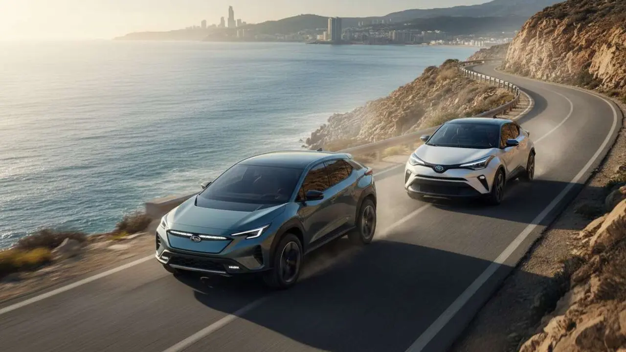  Subaru Uncharted SUV el&eacute;ctrico moderno en Europa compitiendo directamente con Toyota C-HR+ en el mercado de veh&iacute;culos ecol&oacute;gicos &mdash; Imagen generada por IA 