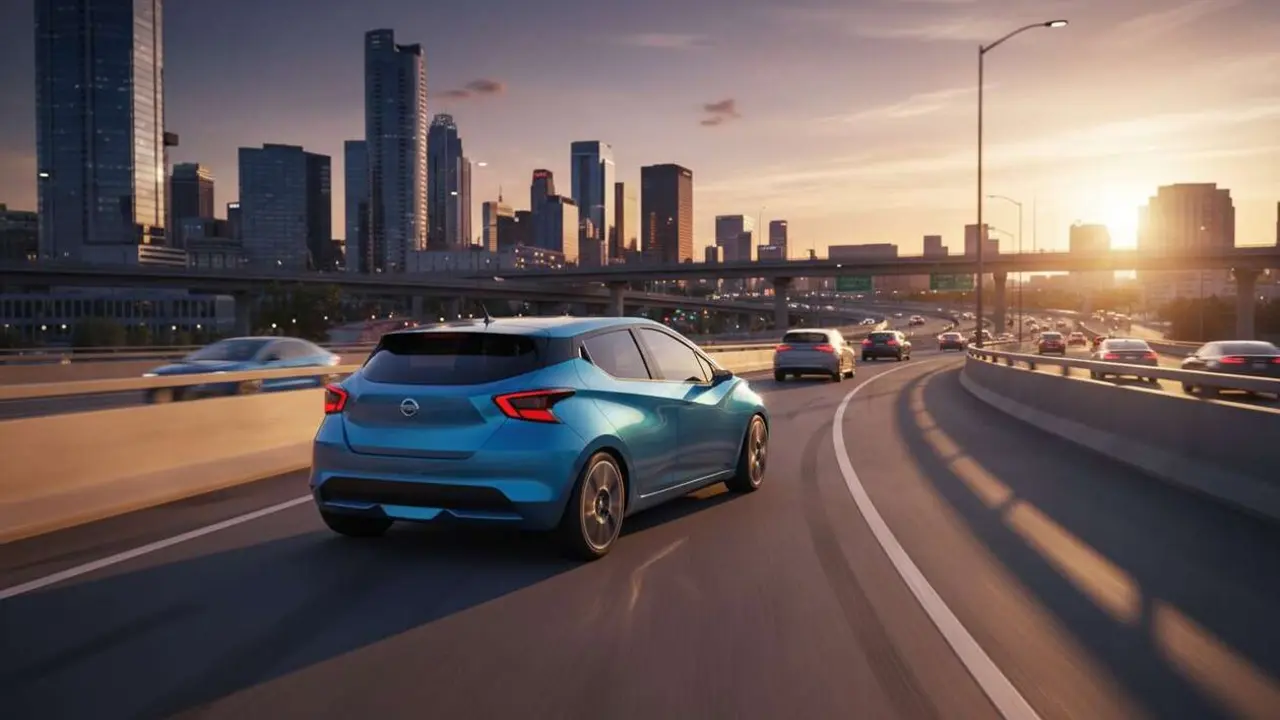  Nissan Micra 2026 en ciudad y autopista mostrando dise&ntilde;o moderno y tecnolog&iacute;a avanzada para conducir con seguridad &mdash; Imagen generada por IA 
