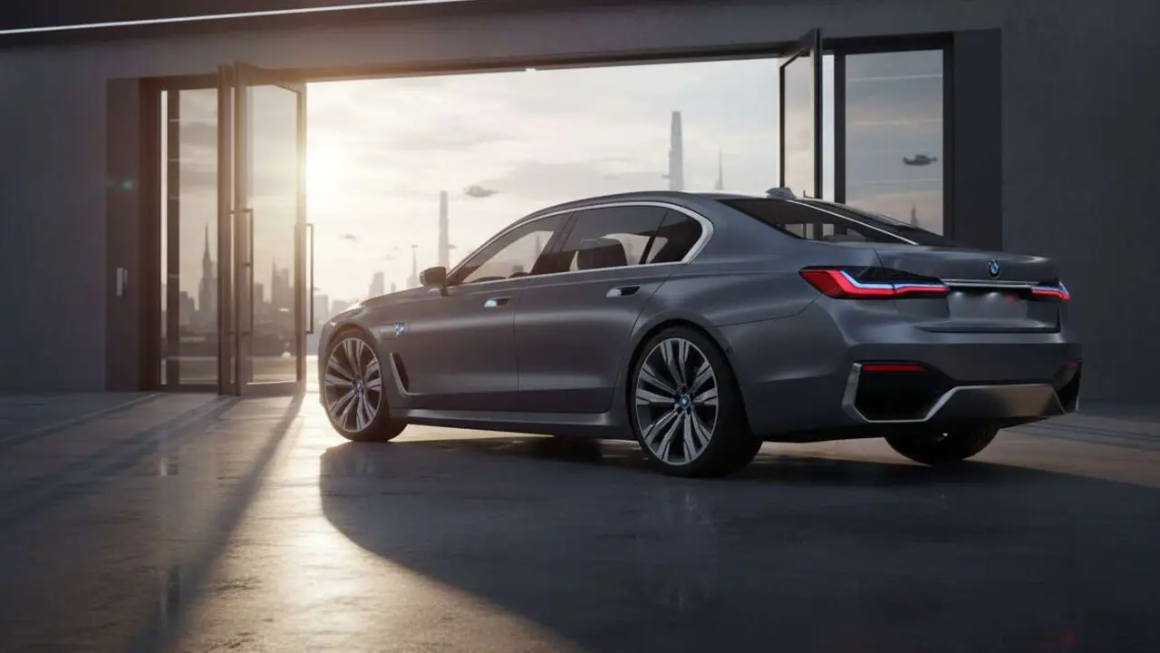  Nuevo BMW Serie 7 2026 aparcado en carretera mostrando su dise&ntilde;o y tecnolog&iacute;a avanzada en berlina premium &mdash; Imagen generada por IA 