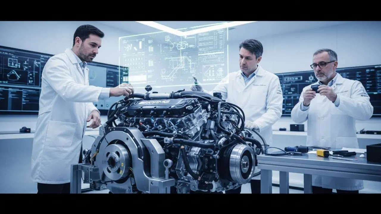  Motor Mercedes 2026 siendo inspeccionado en las verificaciones clave de la FIA para la nueva normativa automovil&iacute;stica &mdash; Imagen generada por IA 