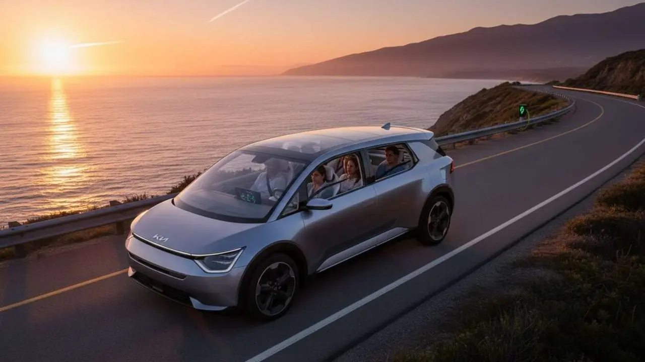  KIA PV5 el&eacute;ctrico de 7 plazas con 400 km de autonom&iacute;a ideal para viajes familiares y urbanos sostenibles &mdash; Imagen generada por IA 