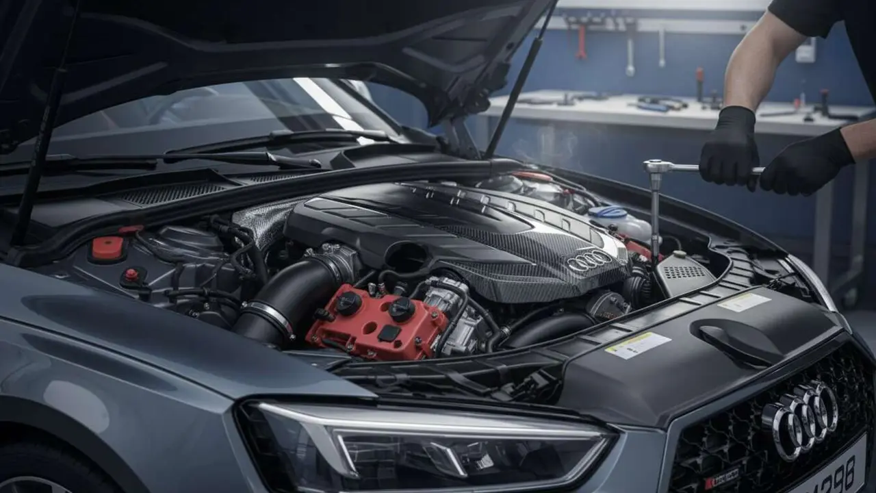  Motor V8 bi-turbo mejorado de Audi RS 5 mostrando innovaci&oacute;n y potencia en dise&ntilde;o avanzado &mdash; Imagen generada por IA 