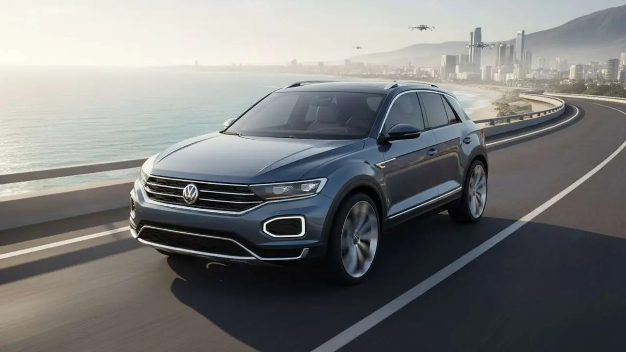  Volkswagen T-Roc 2026 en carretera mostrando su dise&ntilde;o moderno y caracter&iacute;sticas de SUV competitivo en el mercado actual &mdash; Imagen generada por IA 