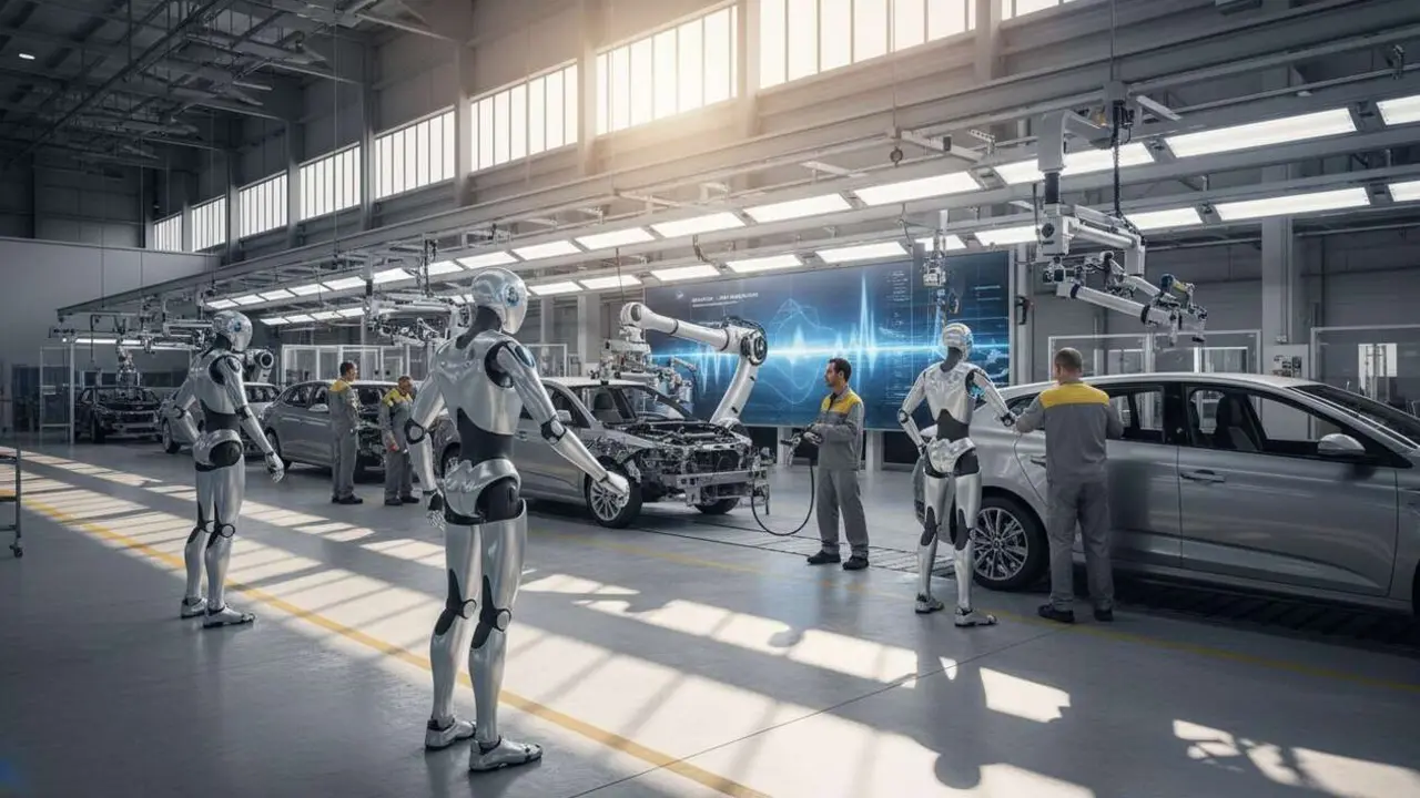  Robot humanoide en planta de Renault en Espa&ntilde;a revolucionando la producci&oacute;n industrial automotriz &mdash; Imagen generada por IA 