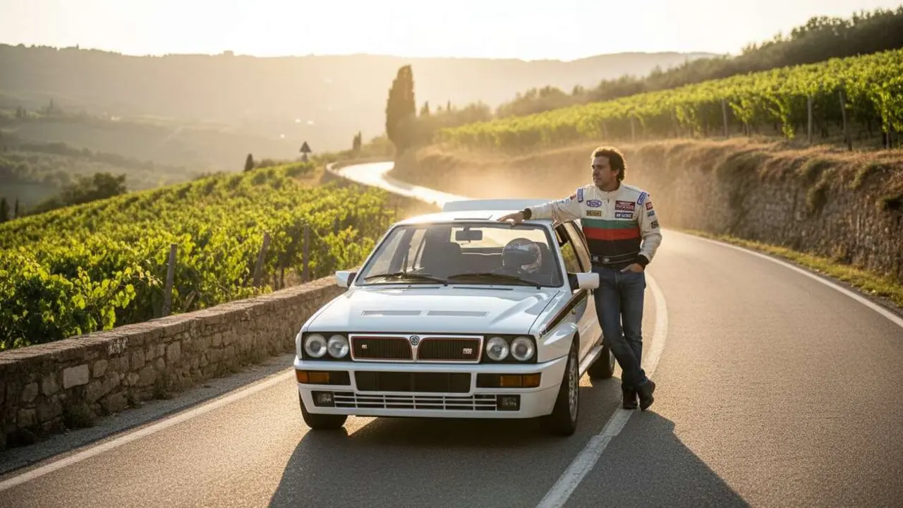  Fernando Alonso conduce su exclusivo Lancia Delta HF Integrale, un &iacute;cono cl&aacute;sico de los a&ntilde;os 90 celebrado por los aficionados al motor &mdash; Imagen generada por IA 