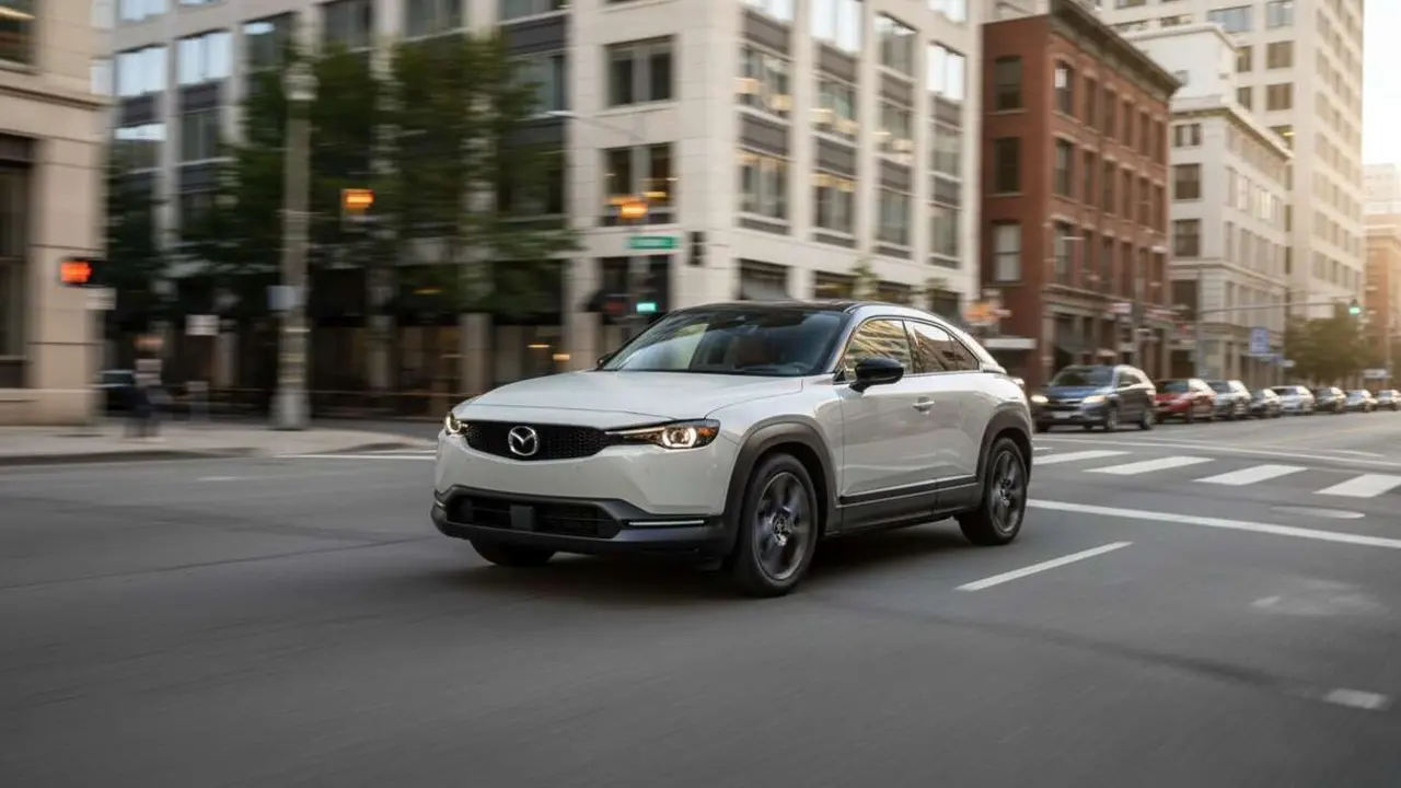  Mazda MX-30 SUV el&eacute;ctrico en movimiento por la ciudad mostrando su dise&ntilde;o moderno y sostenible &mdash; Imagen generada por IA 
