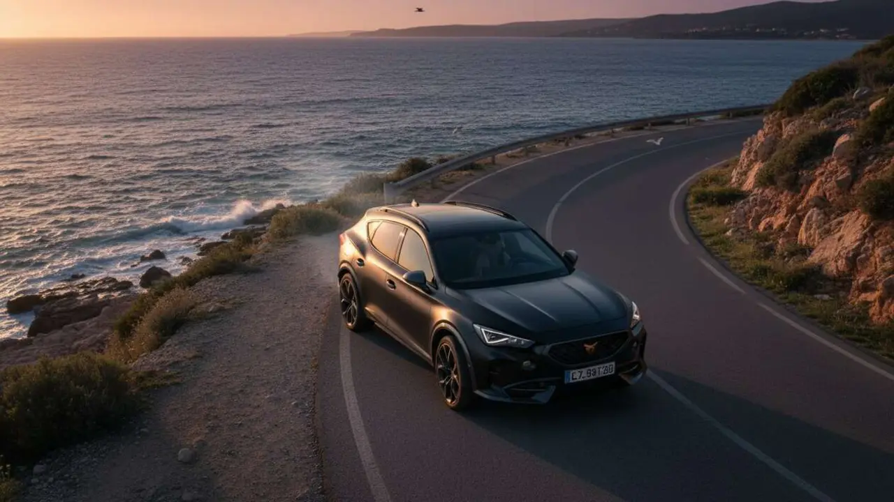  Cupra Formentor VZ5 edici&oacute;n limitada mostrando su dise&ntilde;o deportivo y potencia en un paisaje mediterr&aacute;neo espectacular &mdash; Imagen generada por IA 