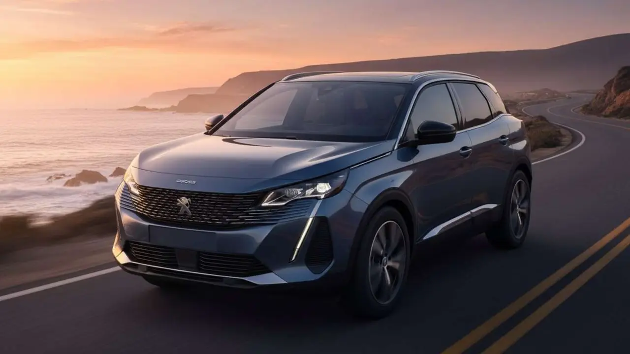  Nuevo SUV Peugeot 2024 en color rojo brillante estacionado en paisaje urbano moderno mostrando dise&ntilde;o elegante y deportivo &mdash; Imagen generada por IA 