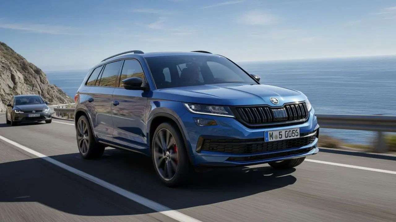  Skoda Kodiaq RS 2026 en carretera mostrando su dise&ntilde;o deportivo y estilo SUV inspirado en el Golf GTI &mdash; Imagen generada por IA 