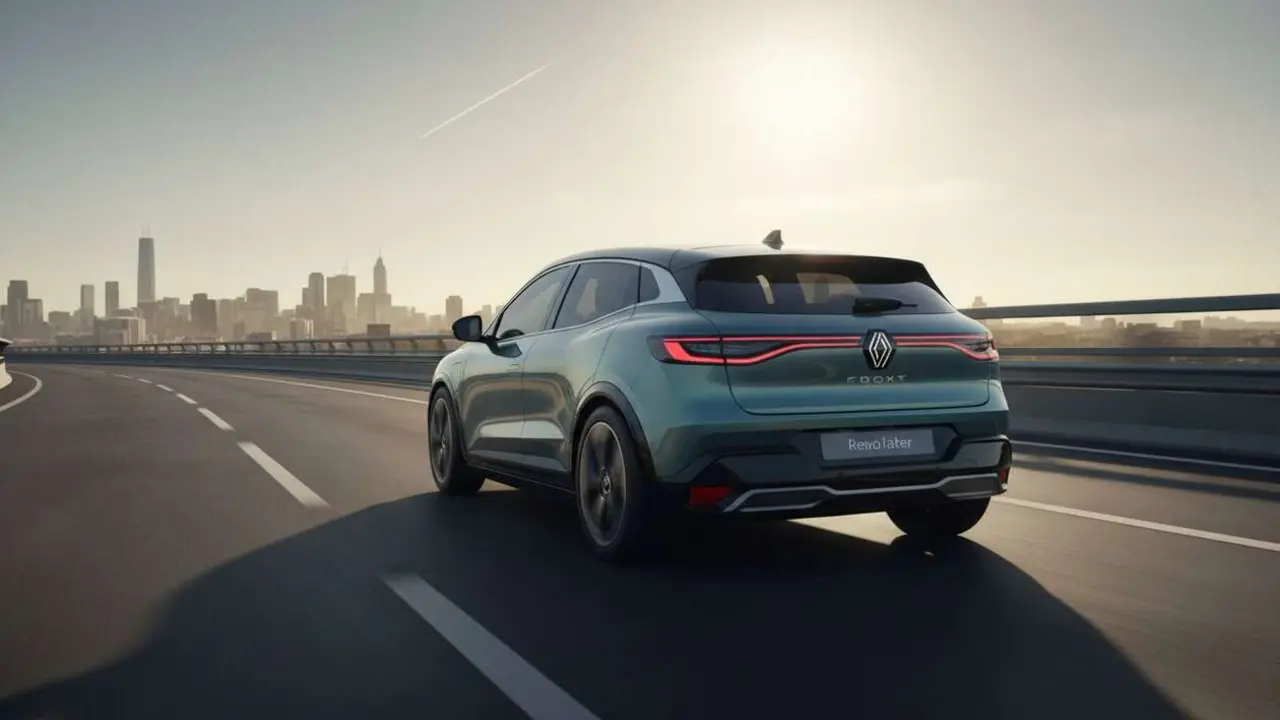  Renault Megane E-Tech el&eacute;ctrico en carretera urbana mostrando su dise&ntilde;o innovador y tecnolog&iacute;a avanzada &mdash; Imagen generada por IA 