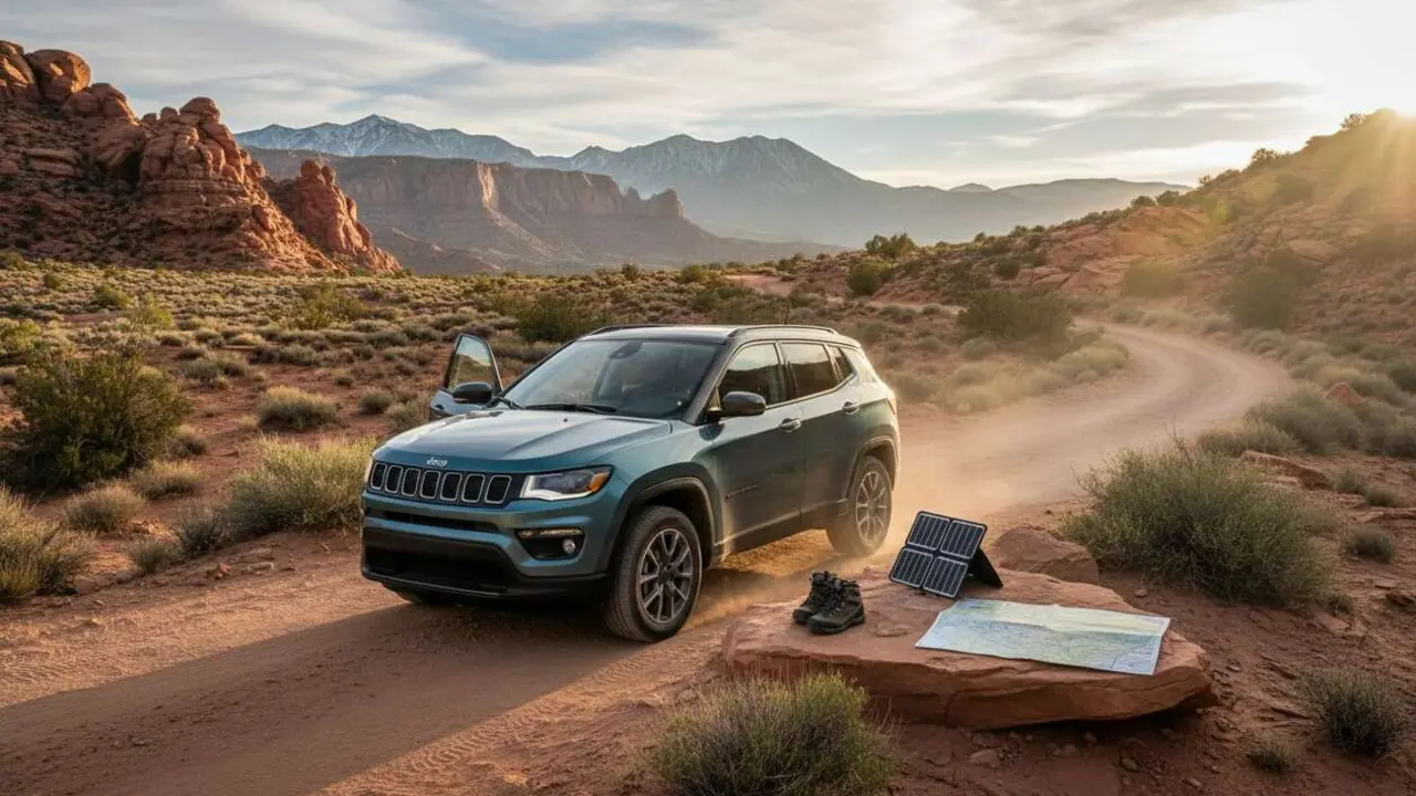  Jeep Compass 4xe en acci&oacute;n mostrando su impresionante autonom&iacute;a de casi 700 km para aventuras off-road &mdash; Imagen generada por IA 