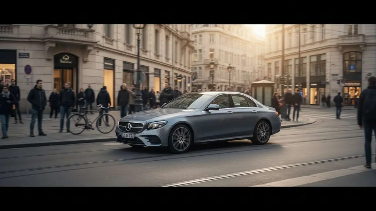  Mercedes-Benz E 300 e 2026 conduciendo en ciudad mostrando su consumo real y eficiencia energ&eacute;tica detallada &mdash; Imagen generada por IA 