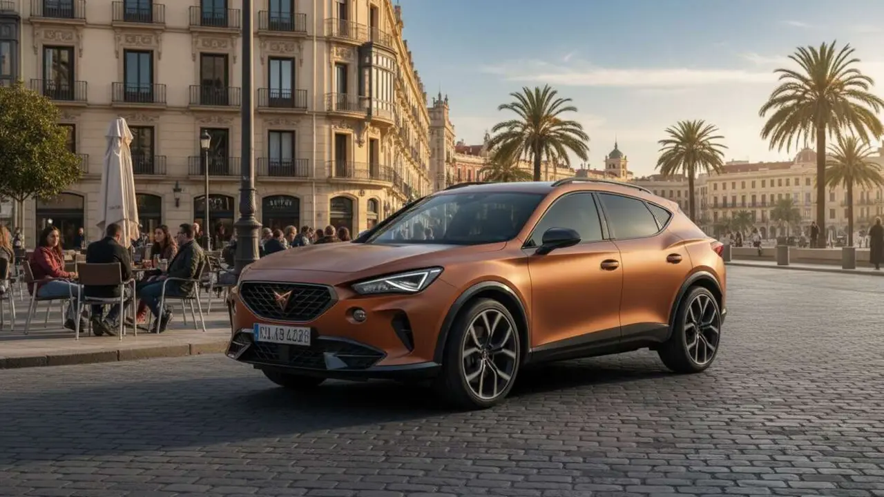  Cupra Formentor SUV deportivo en color rojo brillante con dise&ntilde;o moderno circulando por carretera en Espa&ntilde;a &mdash; Imagen generada por IA 