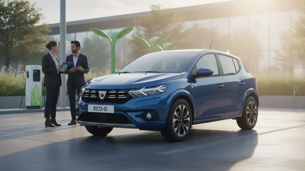 Dacia Sandero ECO-G renovado mostrando su dise&ntilde;o moderno y eficiencia con etiqueta ECO para ahorrar combustible &mdash; Imagen generada por IA 