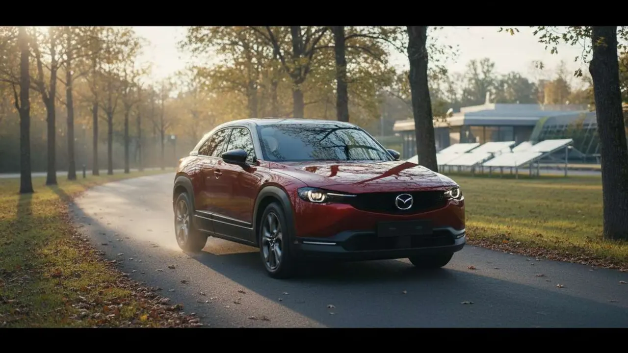  Mazda MX-30 el&eacute;ctrico en carretera mostrando su dise&ntilde;o moderno y apuesta ecol&oacute;gica innovadora para el futuro sostenible &mdash; Imagen generada por IA 