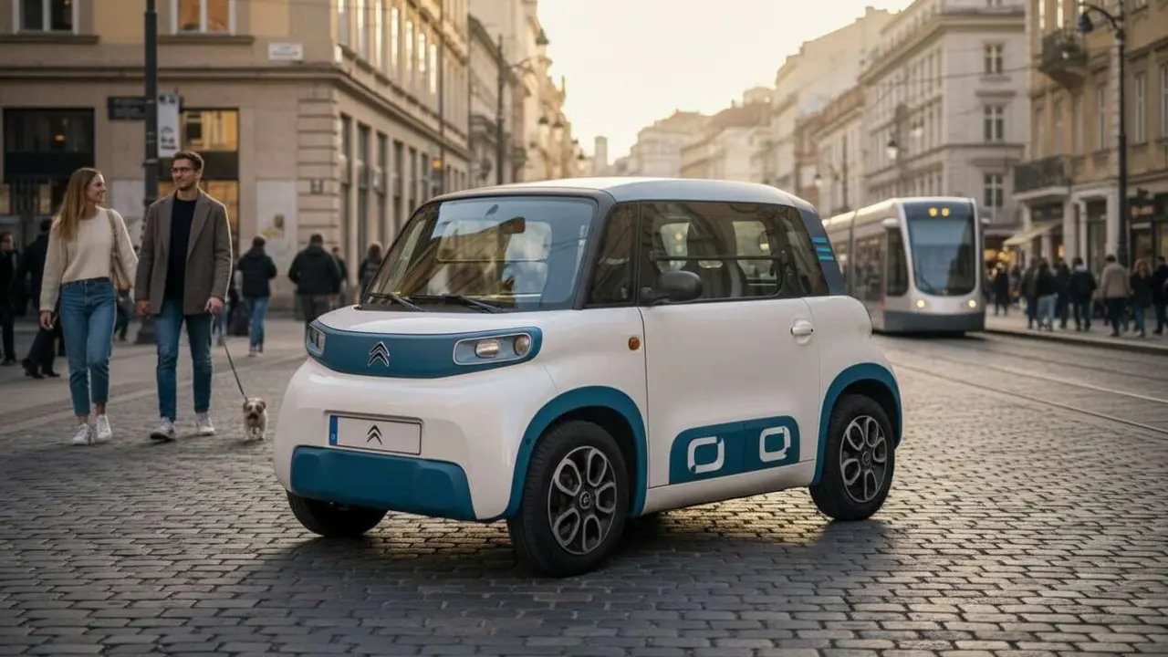  Citro&euml;n Ami el&eacute;ctrico peque&ntilde;o y compacto ideal para movilidad urbana en ciudades modernas y sostenibles &mdash; Imagen generada por IA 