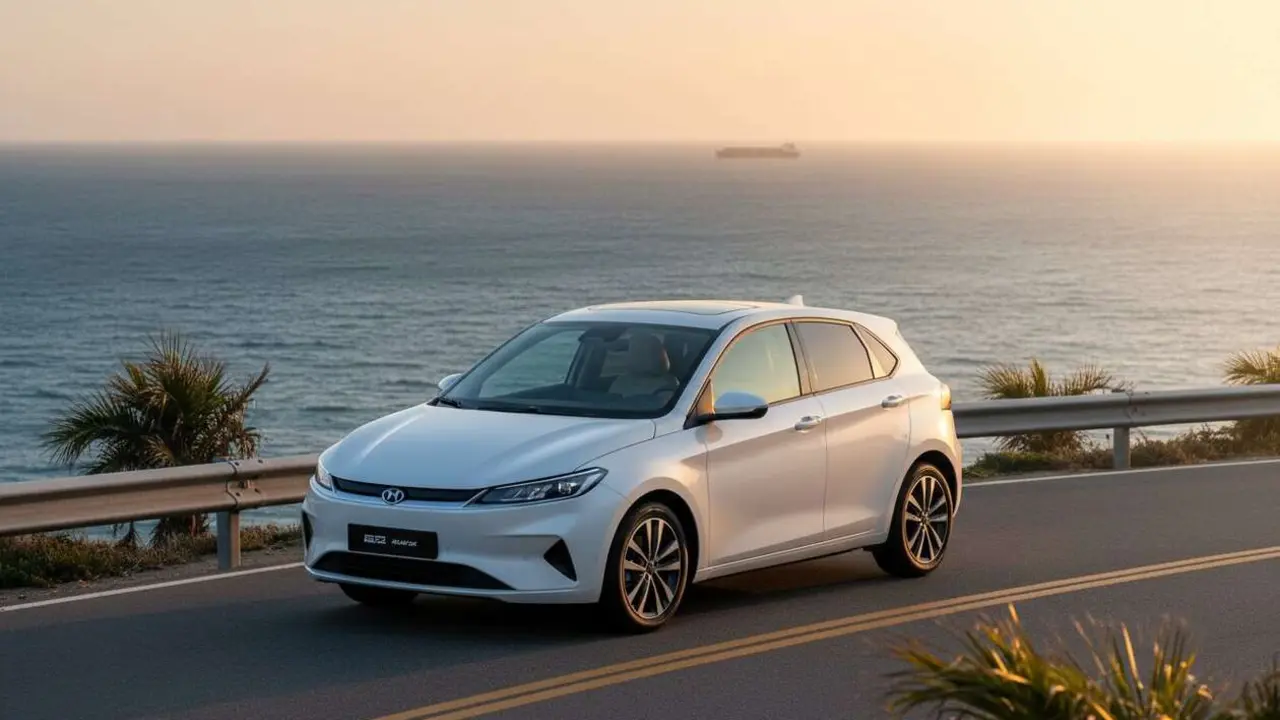  BYD Dolphin el&eacute;ctrico compacto estacionado en ciudad mostrando su dise&ntilde;o moderno y alta autonom&iacute;a punta a punta &mdash; Imagen generada por IA 
