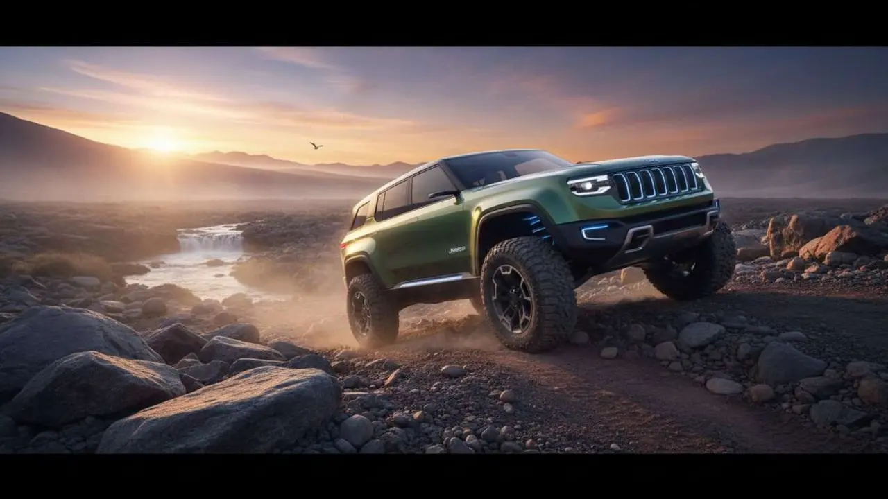  Jeep el&eacute;ctrico todoterreno moderno en acci&oacute;n mostrando innovaci&oacute;n y futuro sostenible de veh&iacute;culos 4x4 &mdash; Imagen generada por IA 