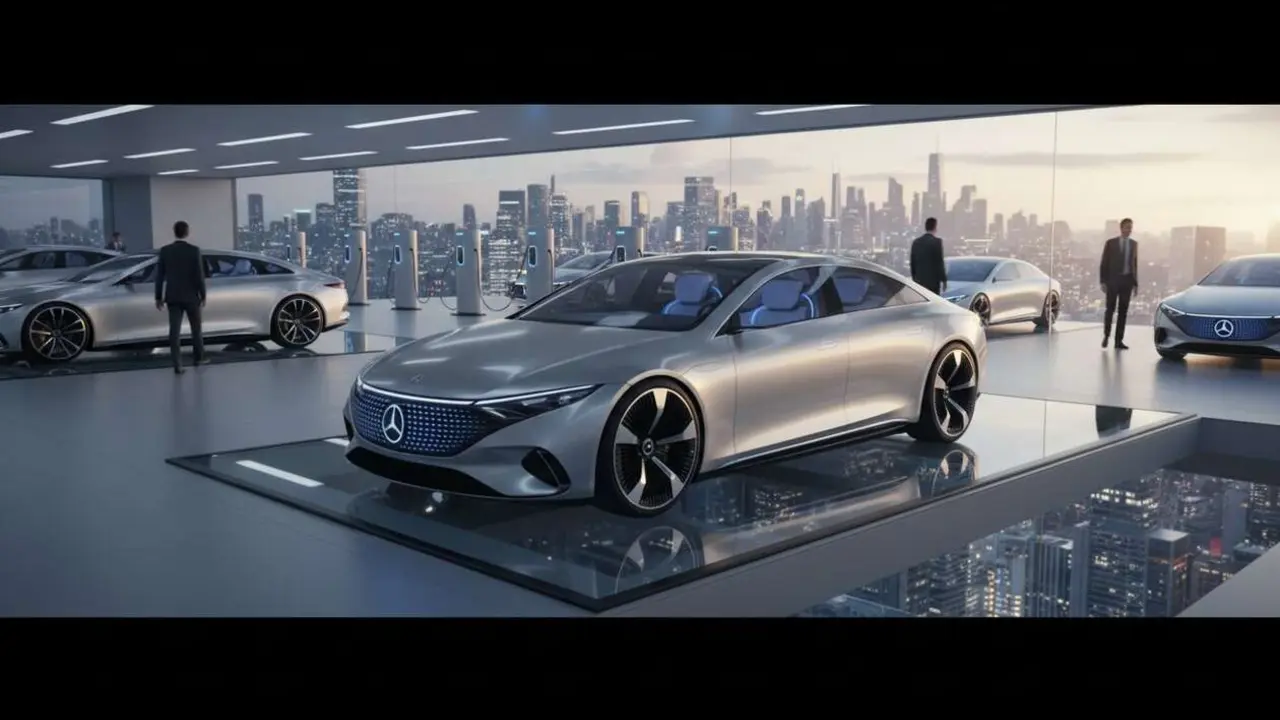  Mercedes-Benz el&eacute;ctrico en carretera mostrando la innovaci&oacute;n y futuro sostenible de la marca automotriz l&iacute;der mundial &mdash; Imagen generada por IA 