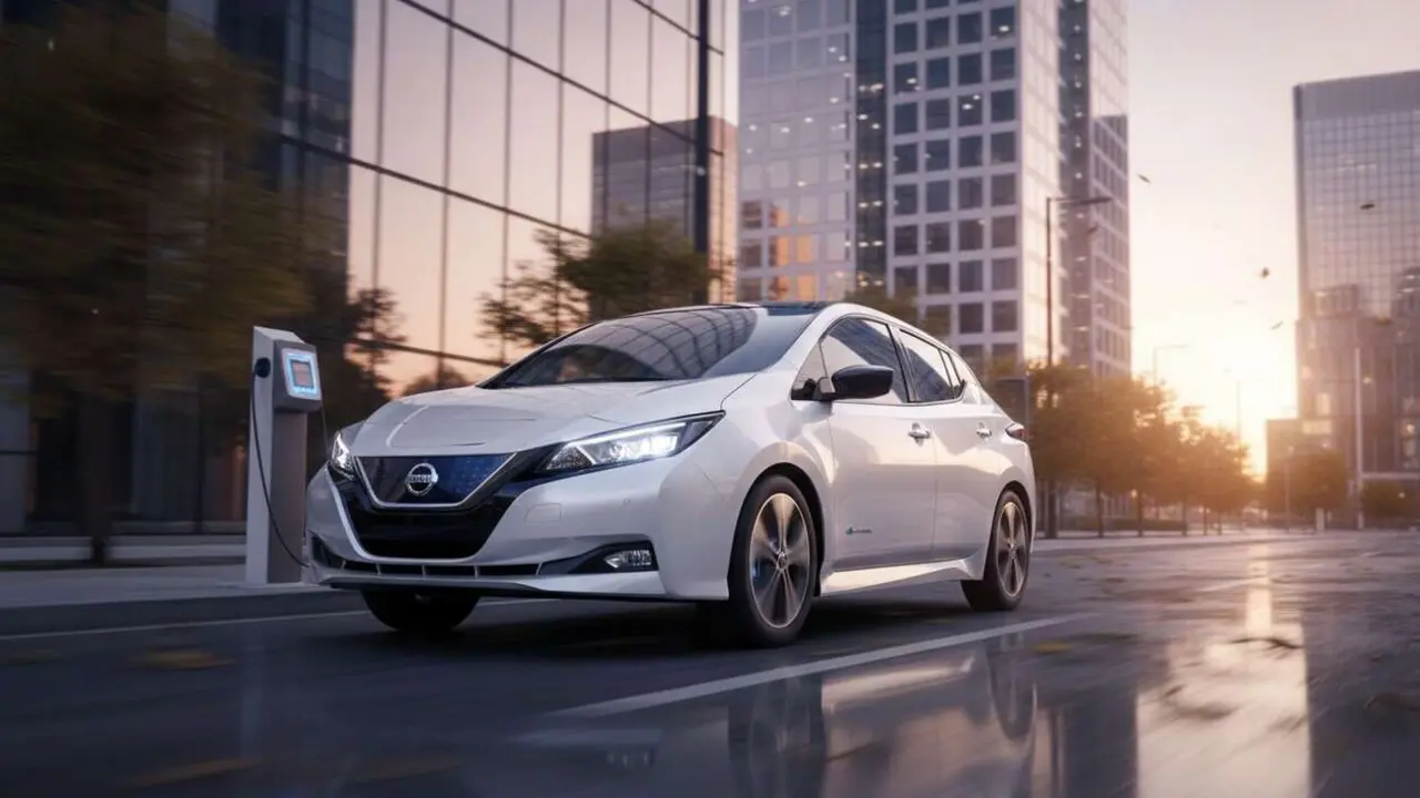  Nissan Leaf 2024 en carretera mostrando su dise&ntilde;o moderno y tecnolog&iacute;a avanzada de movilidad el&eacute;ctrica sostenible &mdash; Imagen generada por IA 