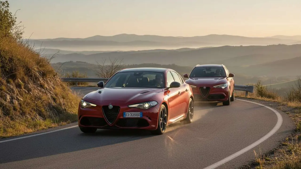  Alfa Romeo Giulia y Stelvio mostrando su alto rendimiento y dise&ntilde;o deportivo imbatible en carretera &mdash; Imagen generada por IA 