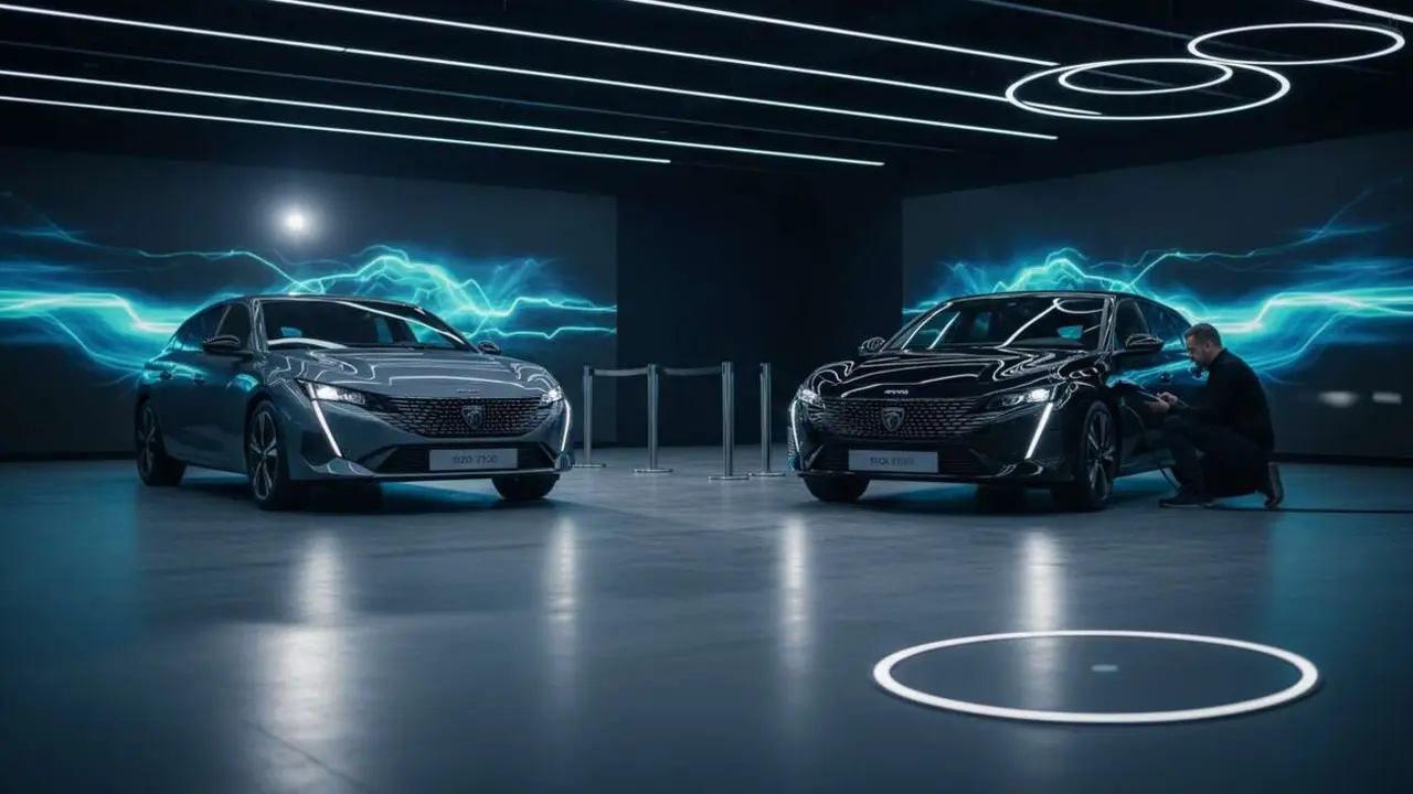  Comparativa Peugeot e-408 el&eacute;ctrico y 308 SW PHEV h&iacute;brido mostrando dise&ntilde;o y tecnolog&iacute;a avanzada para elegir tu pr&oacute;ximo coche &mdash; Imagen generada por IA 
