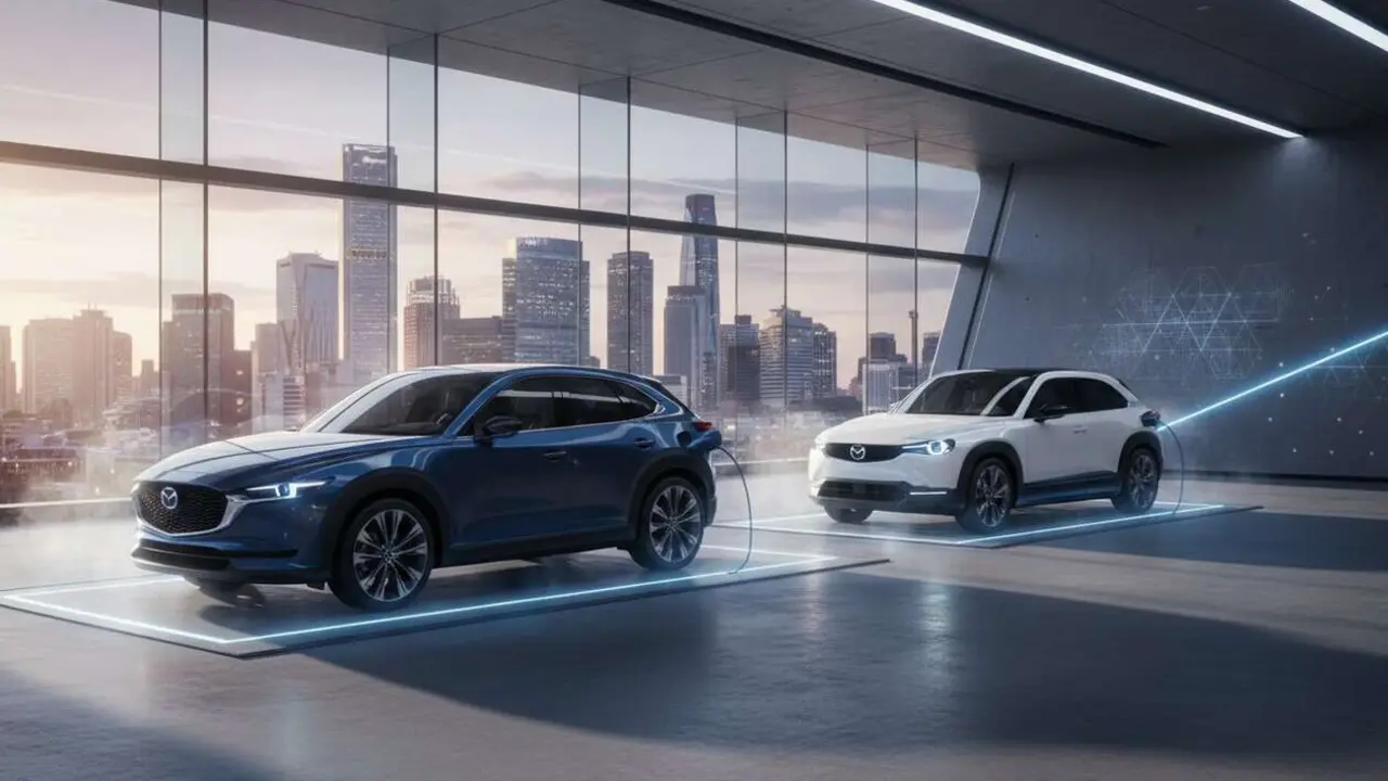  Mazda CX-5 y MX-30 presentando innovaciones clave que transforman el mercado de coches el&eacute;ctricos modernos &mdash; Imagen generada por IA 